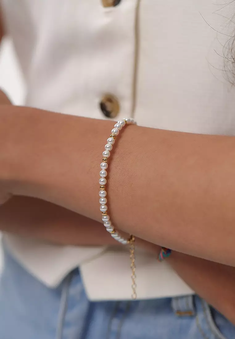 Bangle Bracelet Perak 925 Lapis Emas Wanita Mutiara Swarovski® Minimalis