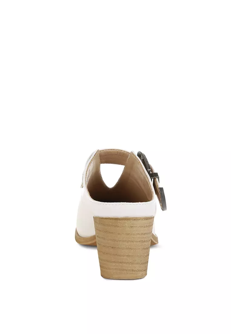 Carved Buckle Statement Mules in White