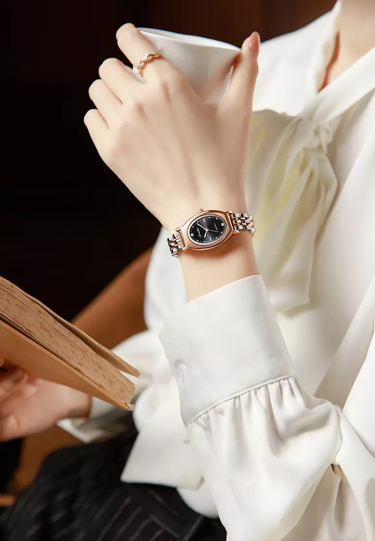 Jam Tangan Wanita Original Oval Korea Elegan Vintage Kuarsa Tali Alloy Jam Tangan CewekA008 rose black