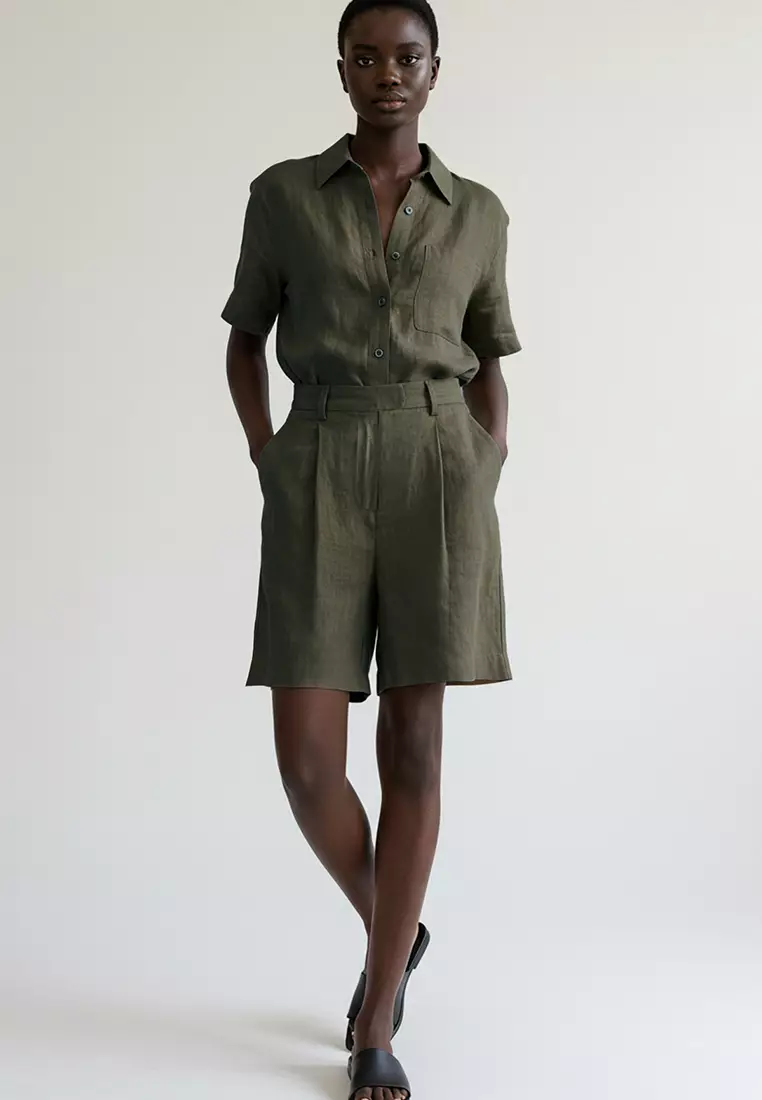 Khaki Linen Look Regular Length Woven Shorts