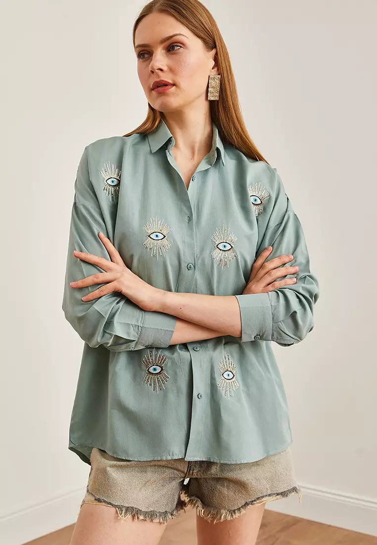 Eye Sequin Detailed Woven Boyfriend Shirt