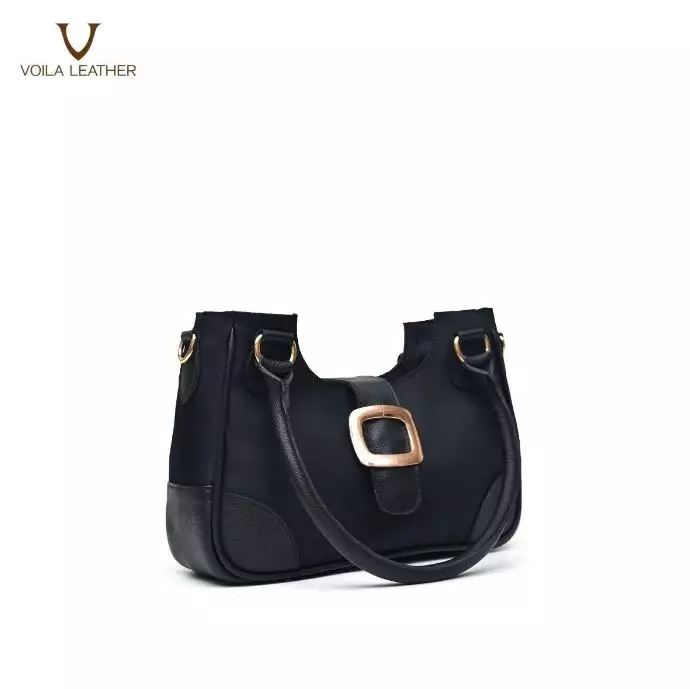Medium Tote & Sling Nylon Kombinasi Kulit Asli Voila Fara Black