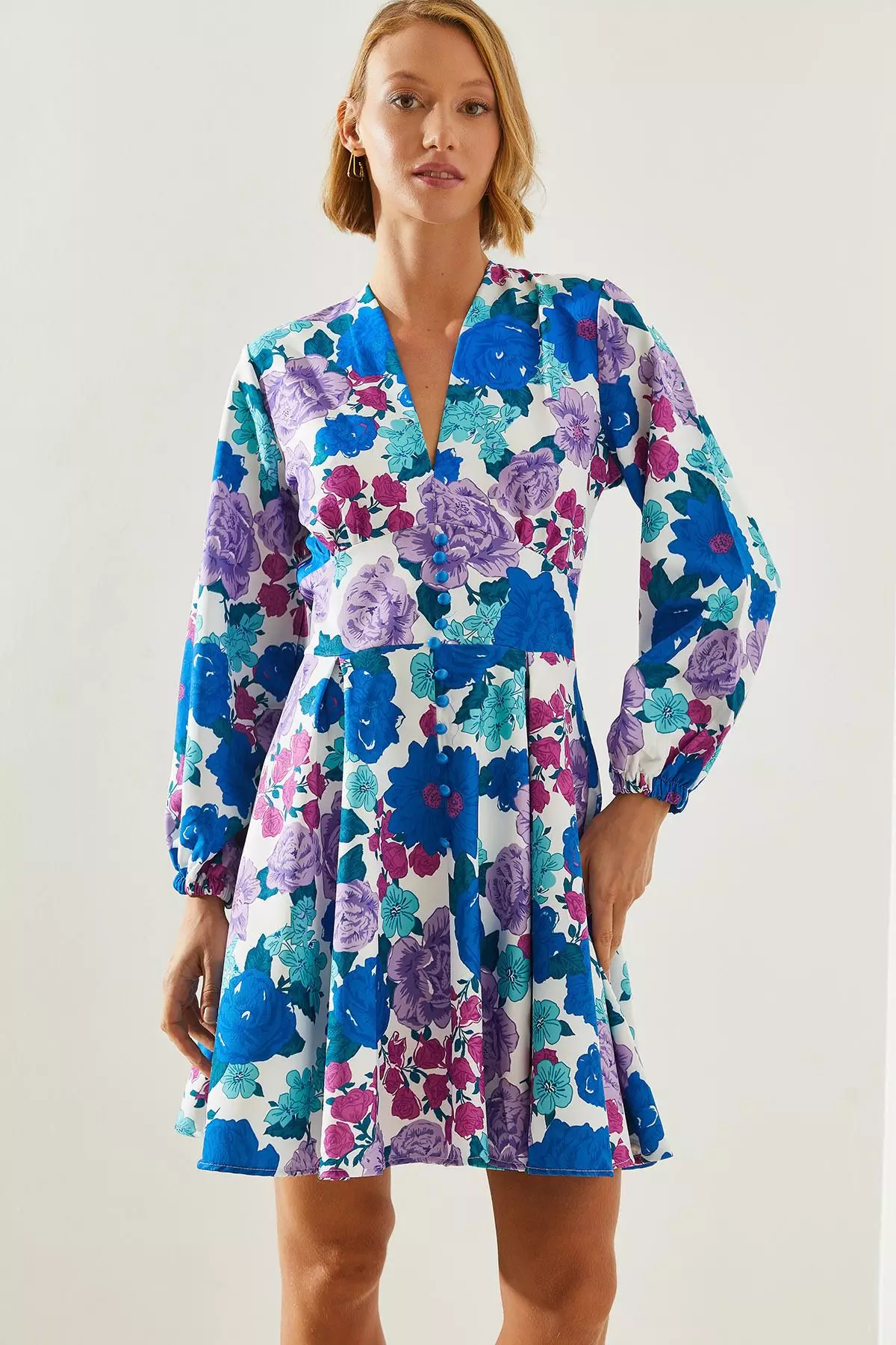 Women's V-Neck Button Detailed Floral Patterned Dress 21400 60251671