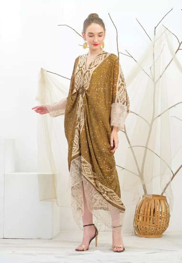 Rinjanie Batik - Kaftan Kaca Series - Kaftan Batik - Batik Kekinian - Kartan Raya Mix Organza - Batik Cap Mix - KORZ - OLIVE GREEN