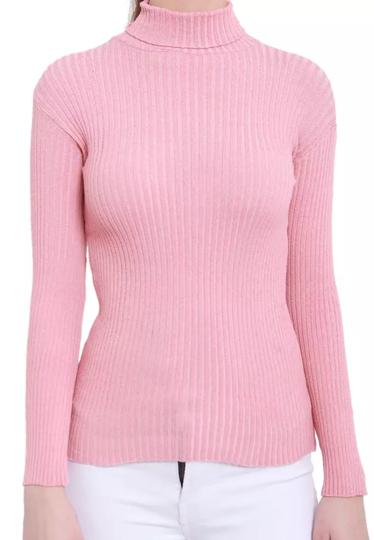 Misel Sweater Rajut Turtle Neck Long Sleeves Atasan Ribbed Wanita - Dusty Pink