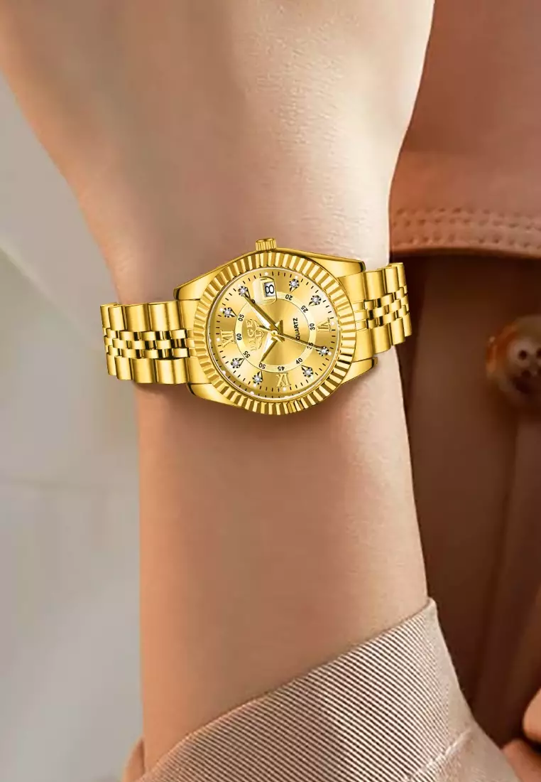 Ladies IP Gold Stainless Steel Quartz Watch, Date, Stainless Steel Bracelet