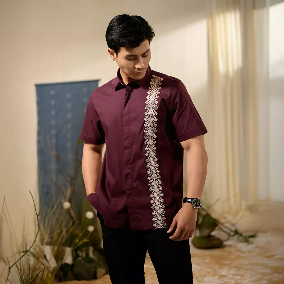 [Raya Collection] ZM Zaskia Mecca - Bardha Kemeja Pria Maroon | Jejak Teduh Series Arta Pusaka | Koleksi Ramadhan Series