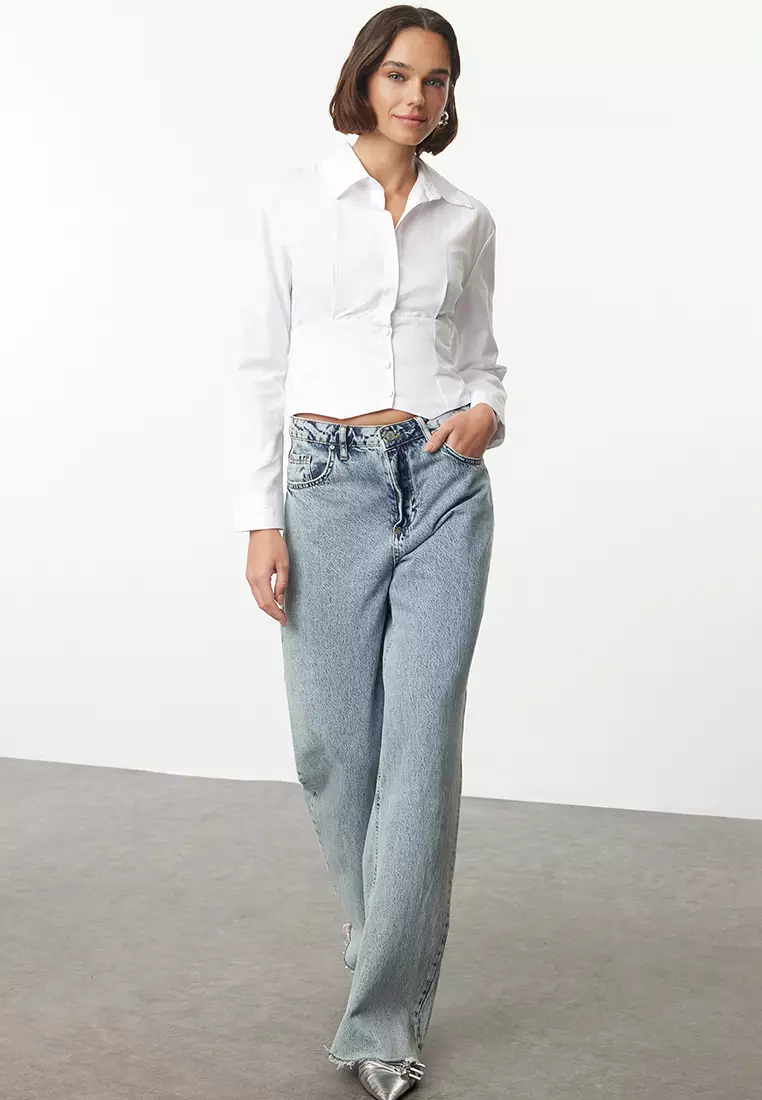 White Waist Fitted Pattern Woven Shirt