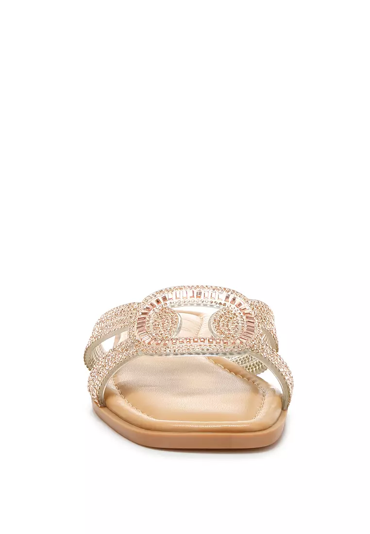 Rhinestones Embellished Flat Sandals in Rose Gold