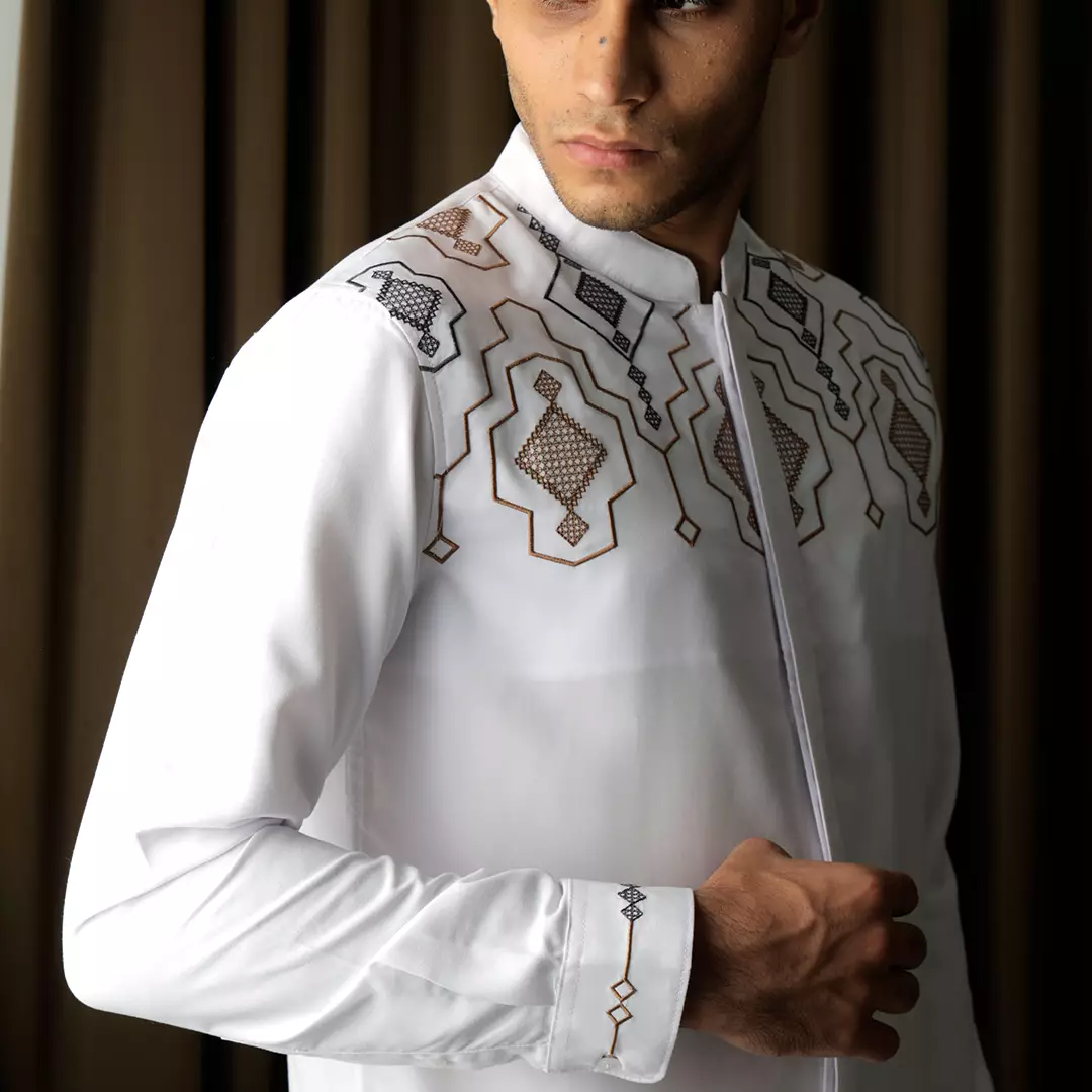 Kemeja Tangan Panjang Koko Collarless Nizam Bordir Ethnic White