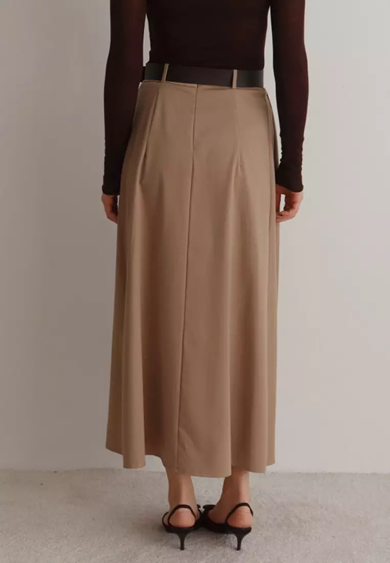 Beige Belted A-Line Flared Woven Maxi Long Skirt Twoaw26Et168