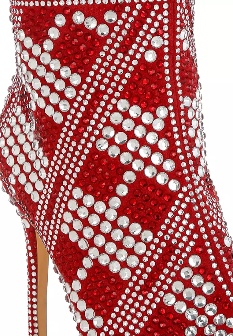 Sepatu bot hak stiletto bertabur berlian imitasi berwarna merah