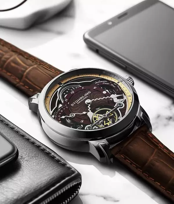 Jam Tangan Pria Automatic Analog Stuhrling Celestial 1017-02 Dual Time Skeleton