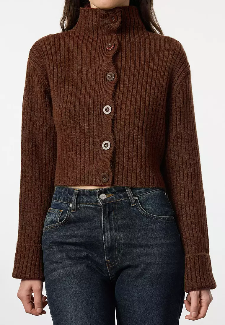 Brown Crop Soft Textured Stand Collar Knitwear Cardigan