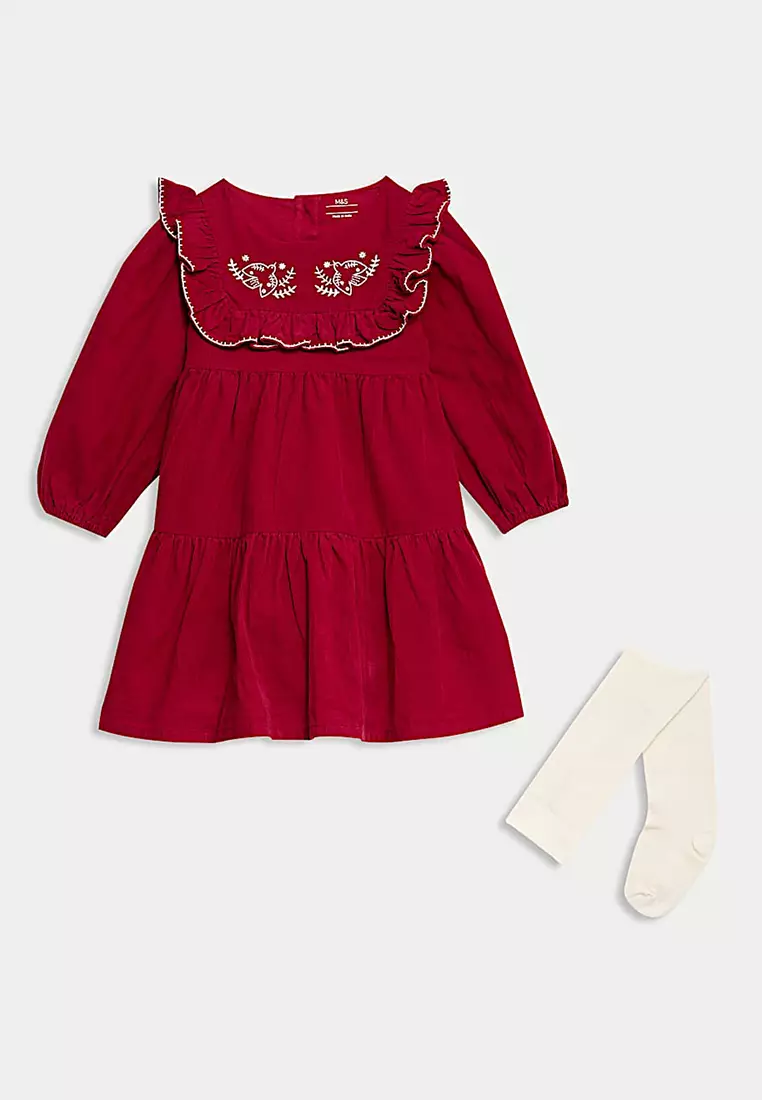 2pc Cotton Rich Bird Dress with Tights