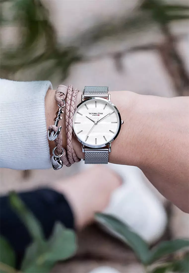 女士手表 银色不锈钢网状表带 33mm表壳 白色表盘-银色