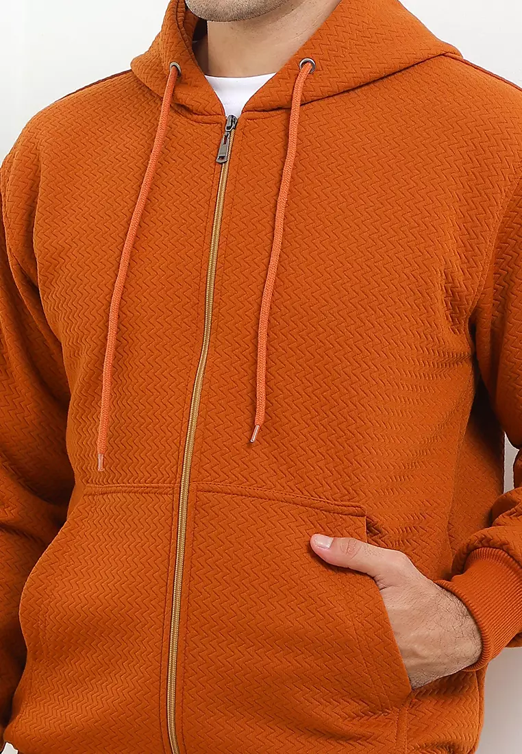 SYZLO Setelan Hoodie Zipper Maze Cotton Fleece Atasan Jaket Hoodie Zipper Dan Bawahan Boardshort 1 Stel - Camel