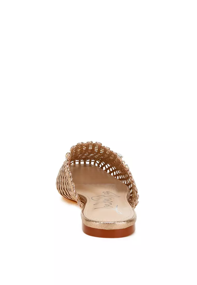 Metallic Woven Diamante Mules in Rose Gold