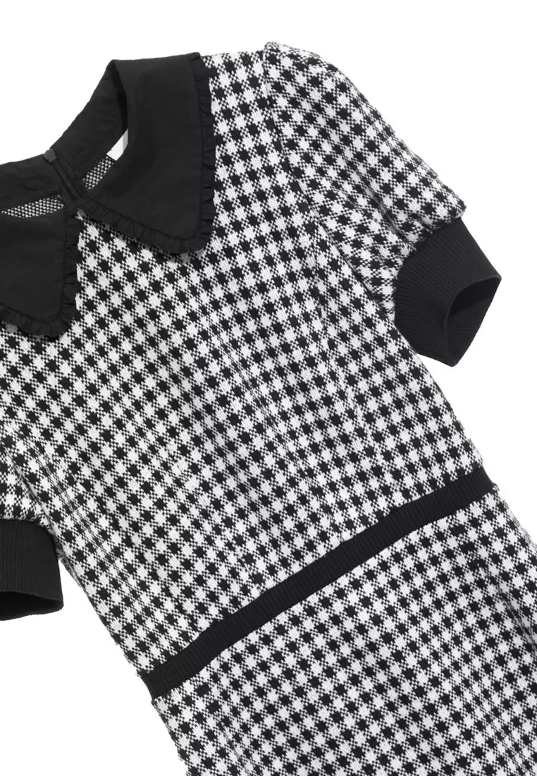 Fitted Puff Sleeves Checkered Dress