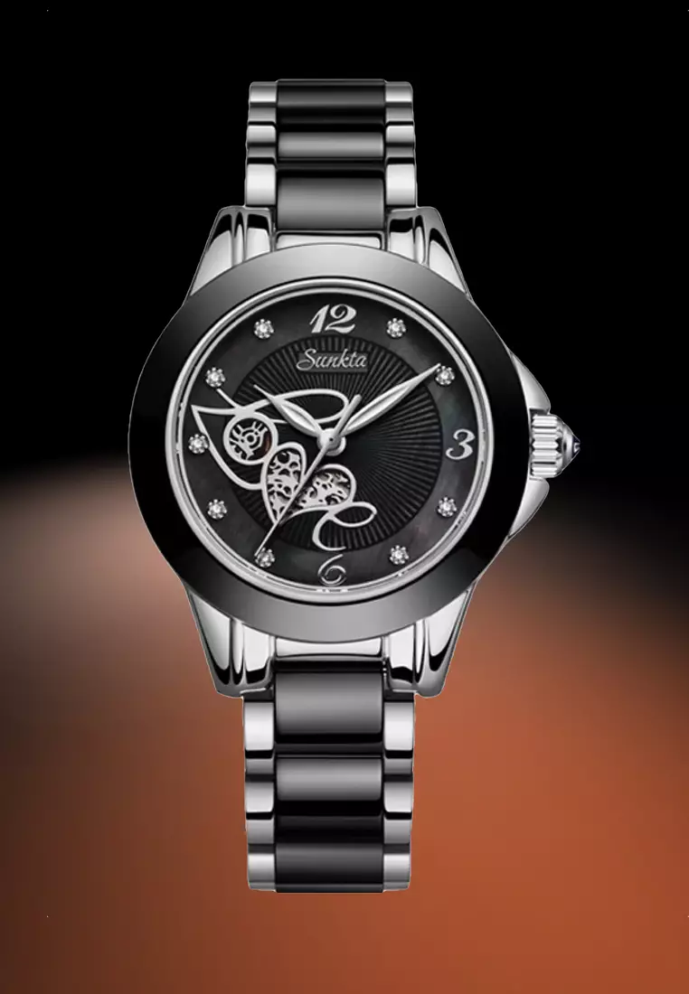 SUNKTA Black Ceramic "LOVE" Ladies Quartz Watch, 33mm, Stainless Steel, Black Dial, Metal Bracelet and Ceramic