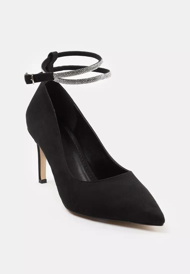 Women's Classic Black Thin Heeled Evening Shoes - Ankle Strap