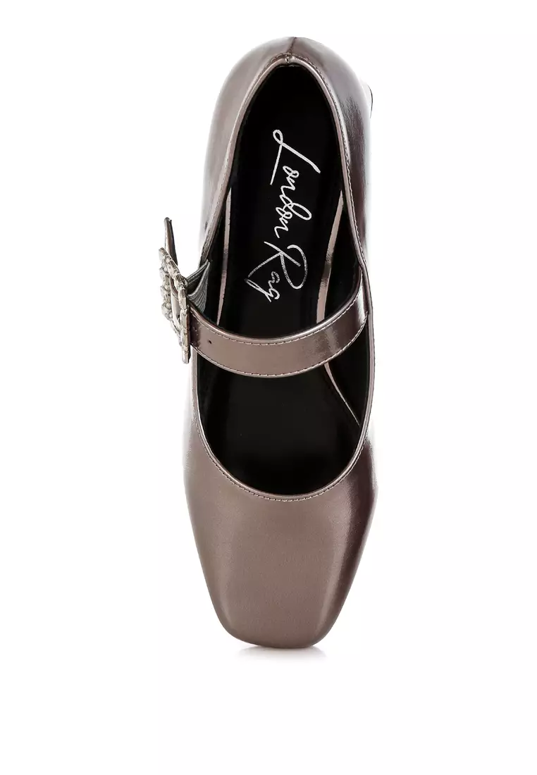 Diamante Brooch Metallic Mary Jane Pumps In PEWTER