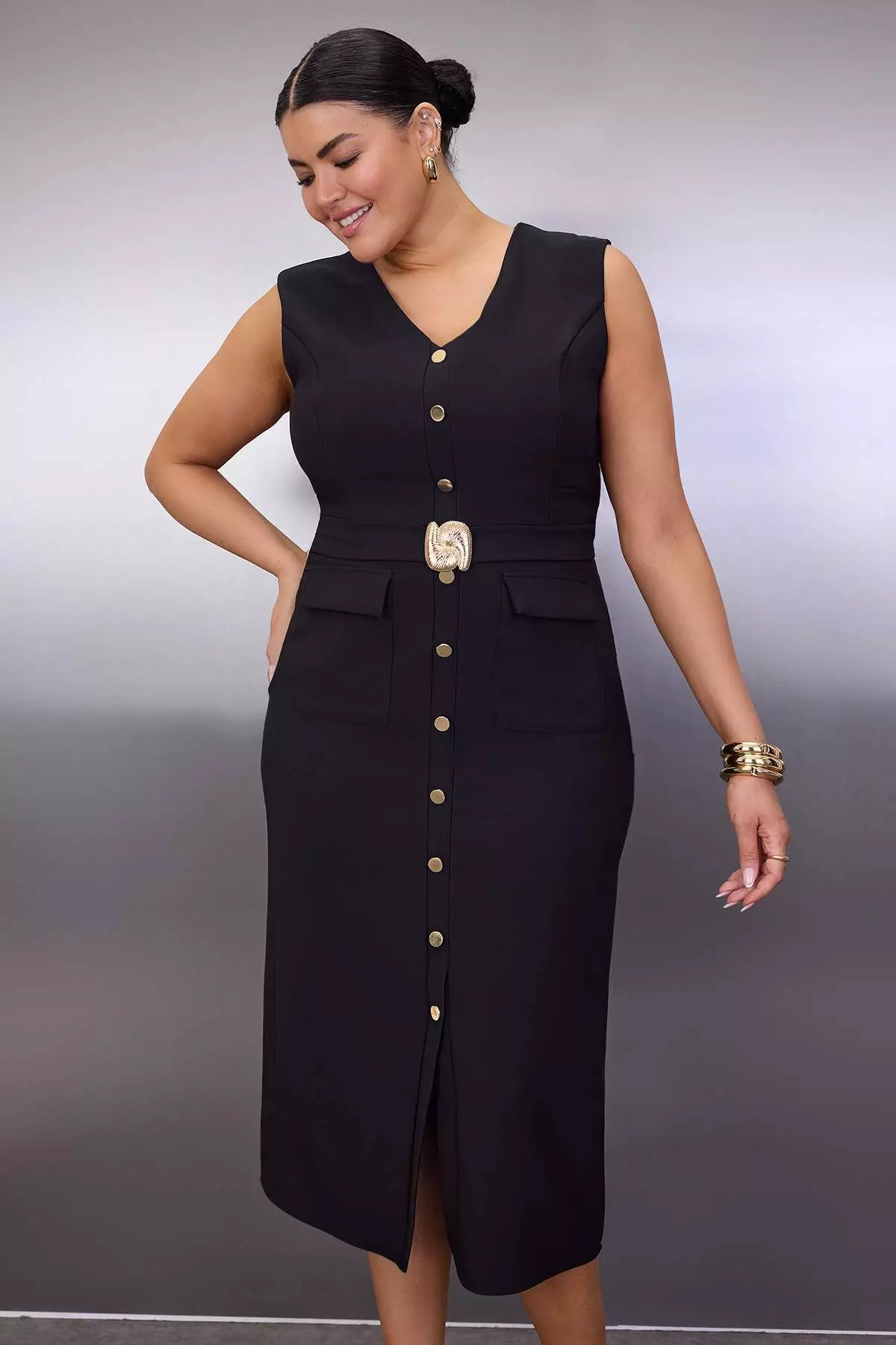 Special Collection Black Belted Accessory Detailed Midi Woven Dress Tbbaw26Ah00094