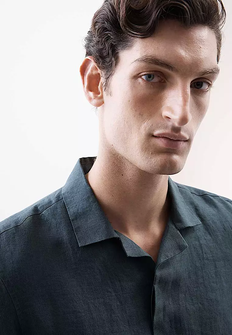 Pure Linen Herringbone Cuban Collar Shirt