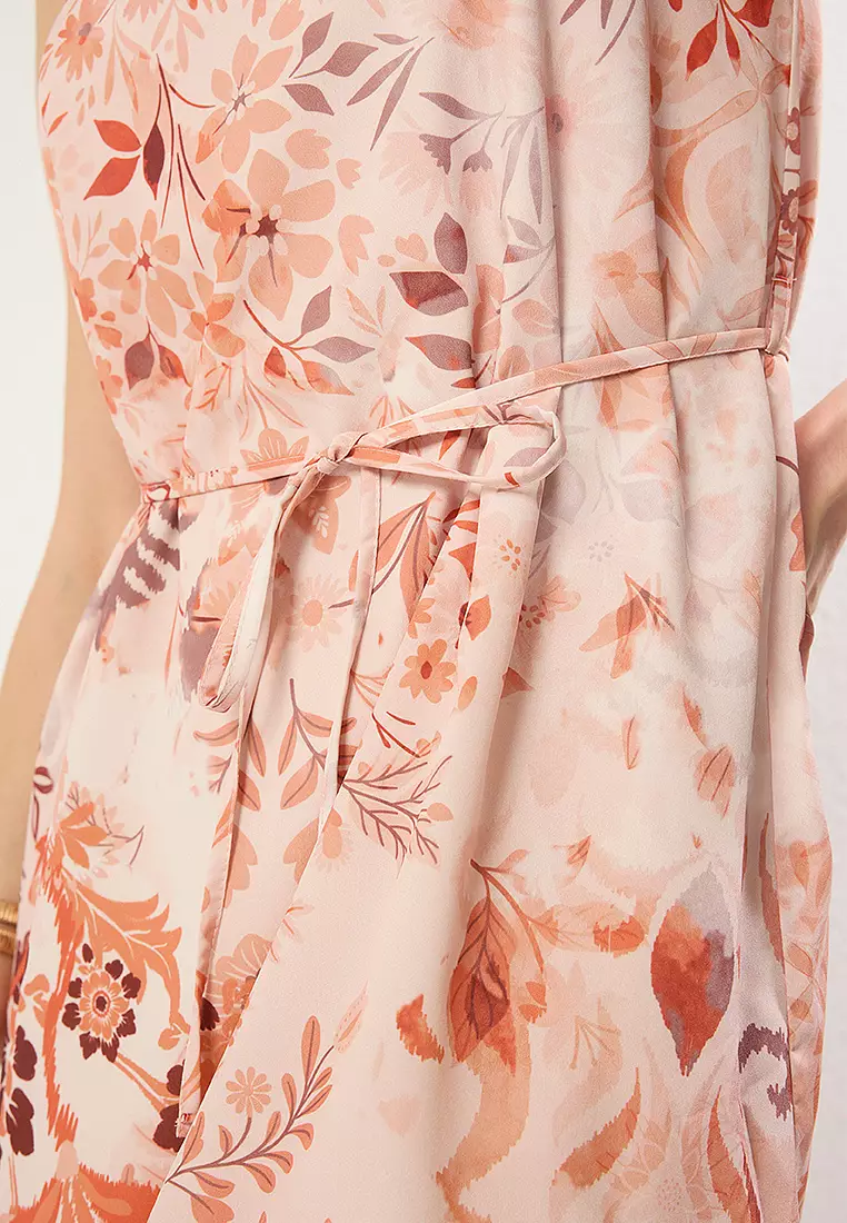 Light Orange Belted Floral Straight Cut Belted Mini Woven Dress