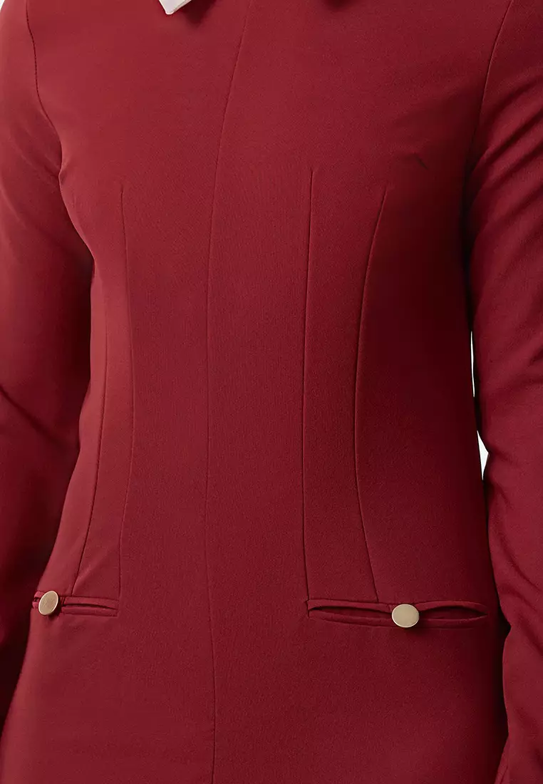 Burgundy Collar Detailed Woven Dress TWOAW24EL00298