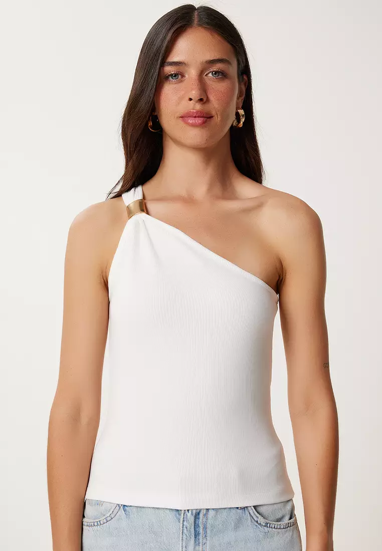 Women's Ecru One Shoulder Ribbed Knitted Blouse Pb00044