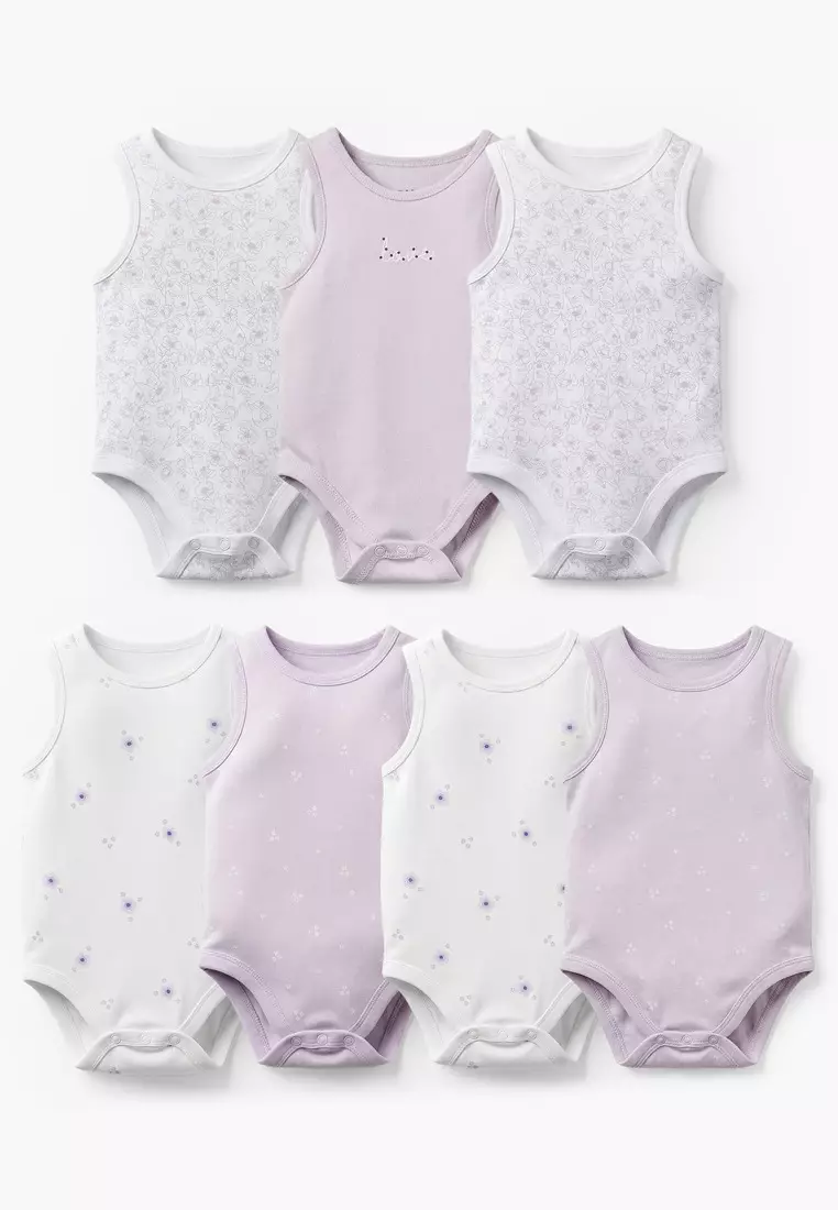 Babyshop Pack Of 7 Juniors Bamboo Cotton Round Neck Sleeveless Bodysuit With Floral Print
