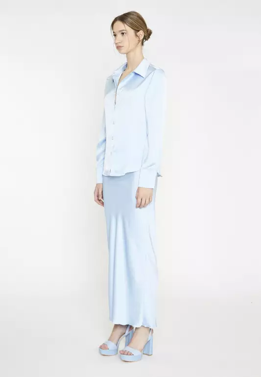 Light Blue Satin Bias Cut Midi Skirt