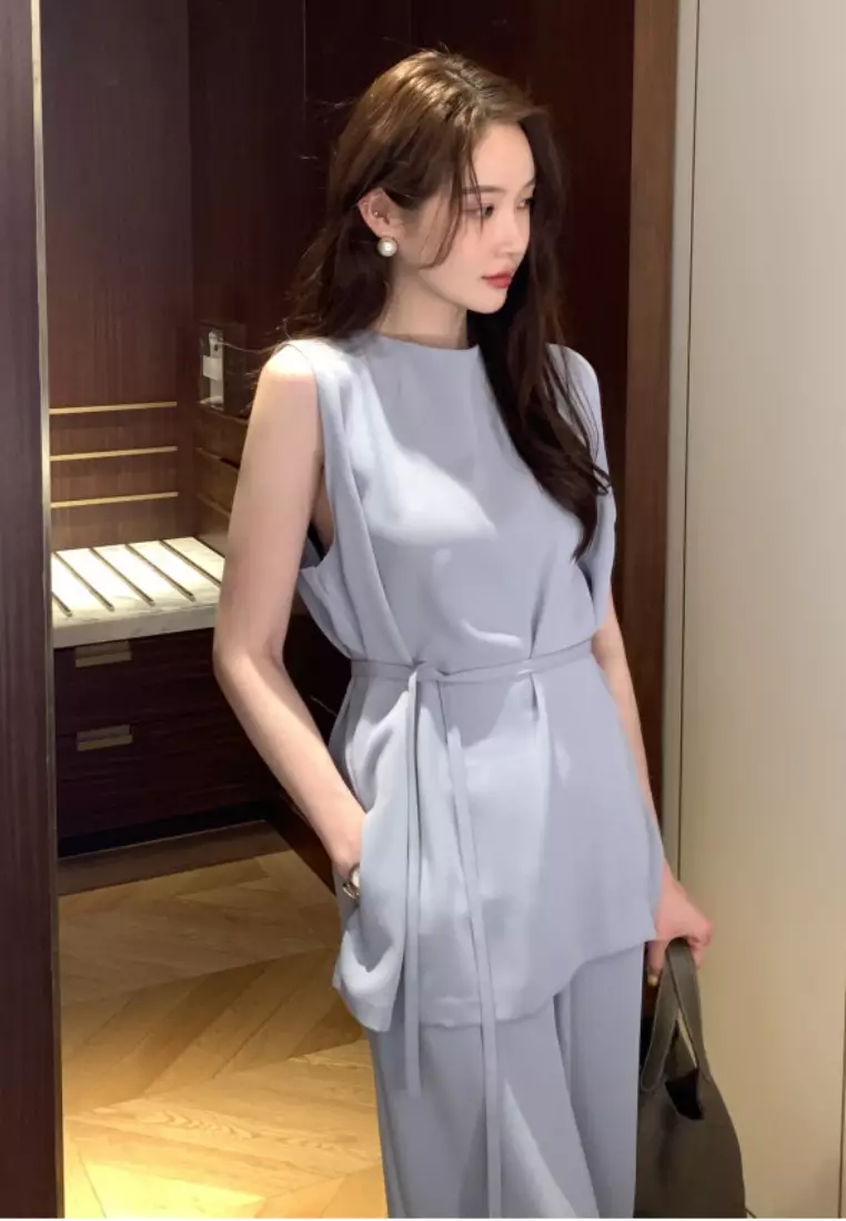 Retro tie-front top and high-waisted casual pants set CA26033041BL