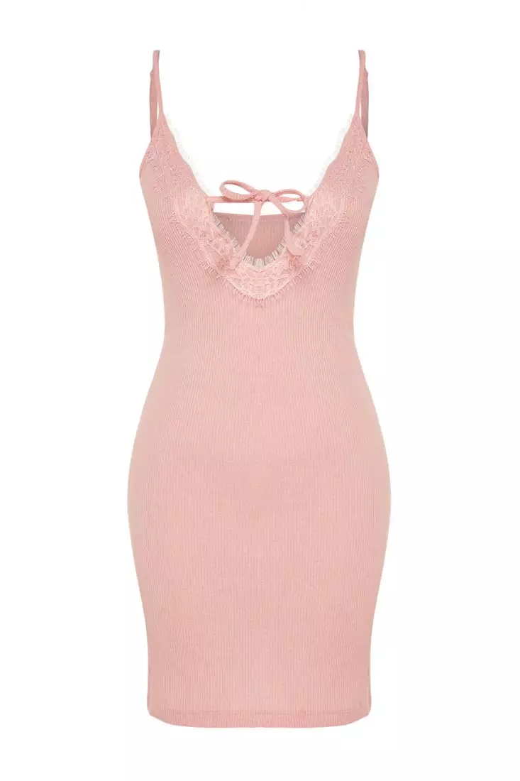 Lace and Tie Detail Ribbed Nightgown