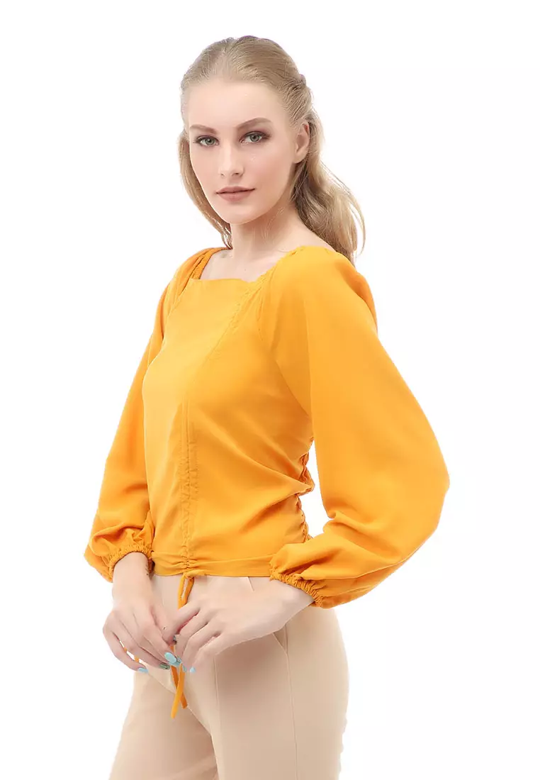 Cheva Blouse Atasan Wanita Sabrina Tali Lengan Panjang Casual Top Long Sleeve Comfortable Material Wolfis ORIGINAL - Mustard