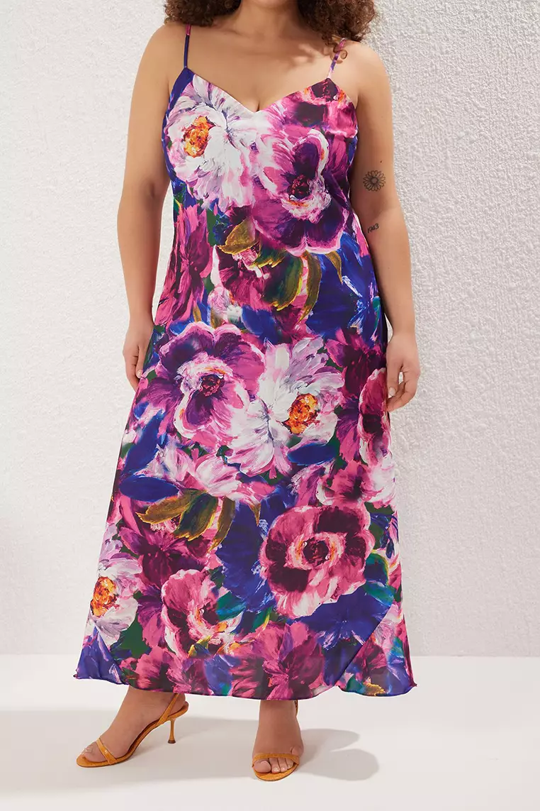 Multi-Colored Floral Adjustable Satin Maxi Woven with Straps Plus Size Dress