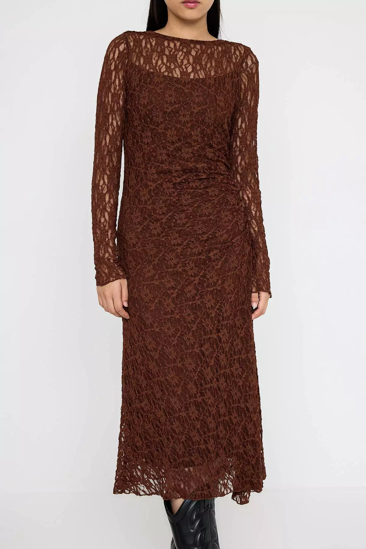 Brown Lace Bodycon Midi Backless Lined Stretch Knit Dress Twoaw26El00016