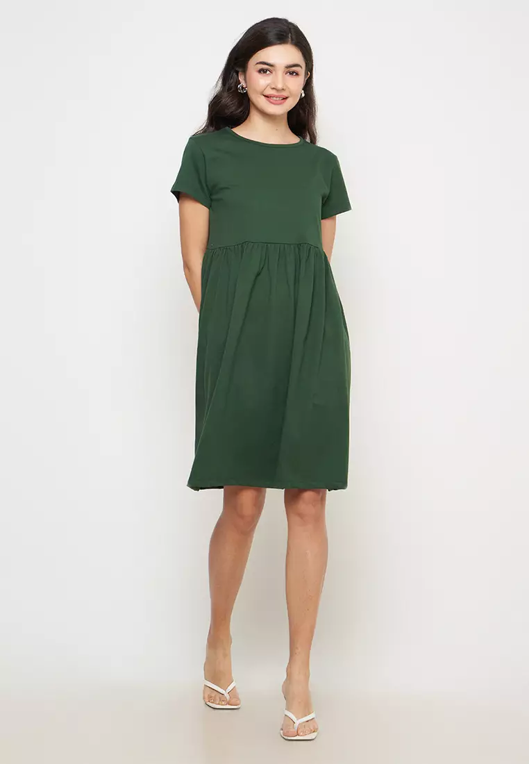 Jual SRITEX IRO BASIC Baby Doll Midi Dress Olive Original 2023