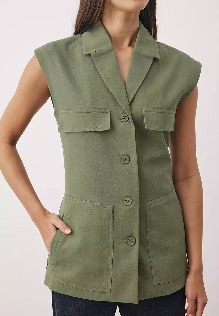 Khaki Regular Gabardine Safari Vest