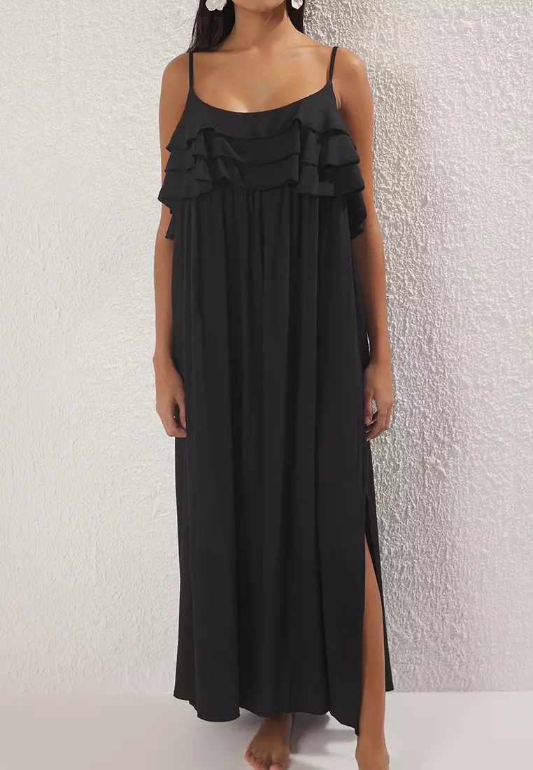 Black Woven Midi Flounces Beach Dress Tbess25El00132