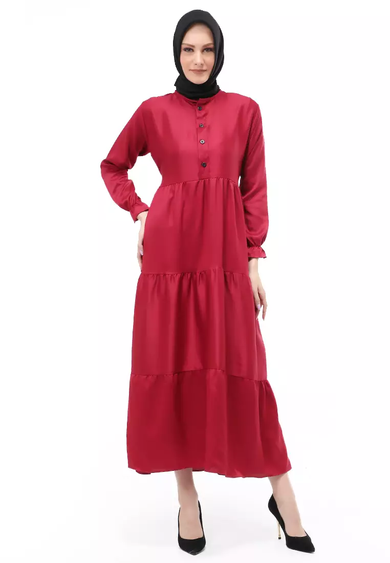 Alvia Gamis Rempel Panjang Wanita Motif Polos Long Sleeve Regular Fit - Maroon