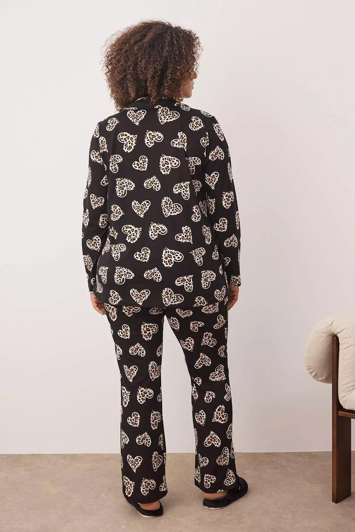 Black 100% Cotton Heart & Leopard Patterned Shirt-Pants Knitted Pajama Set Tbbaw26Ai00017