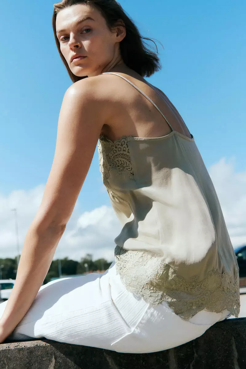 Lace-trimmed viscose top