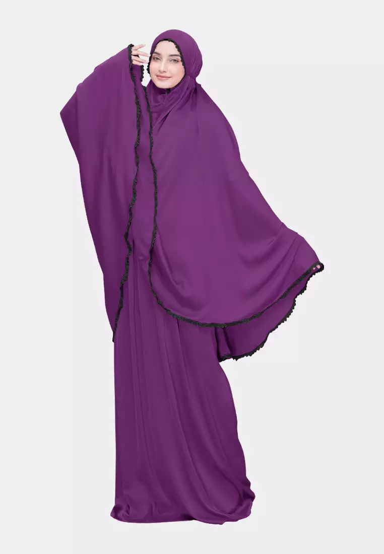 Zelena - Aury Prayer Set Renda | Mukena Jumbo Armany Silk 2in1 List Renda - Wine Purple