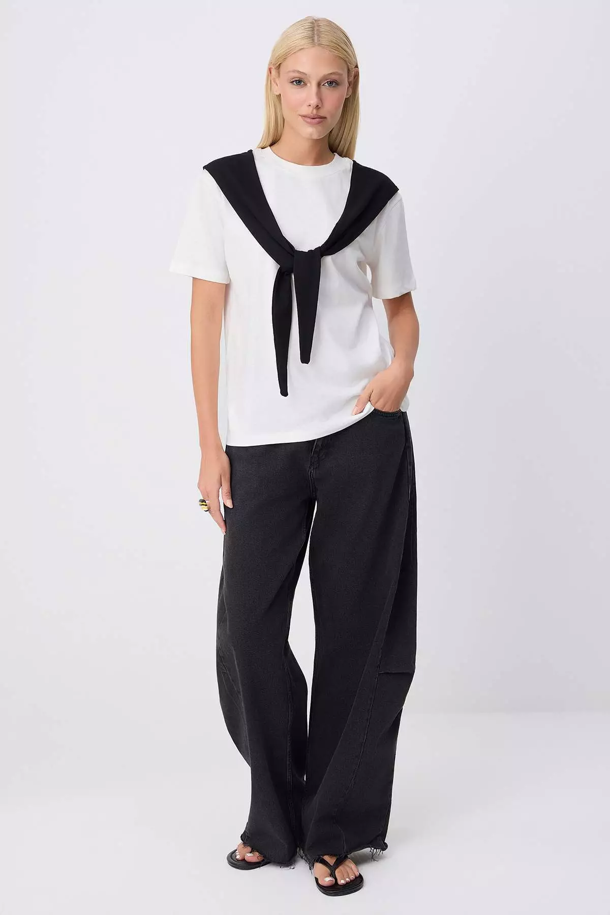 Ecru Oversize/Wide Fit Short Sleeve Tie Detail Long Soft Knitted T-Shirt Twoss26Ts00269