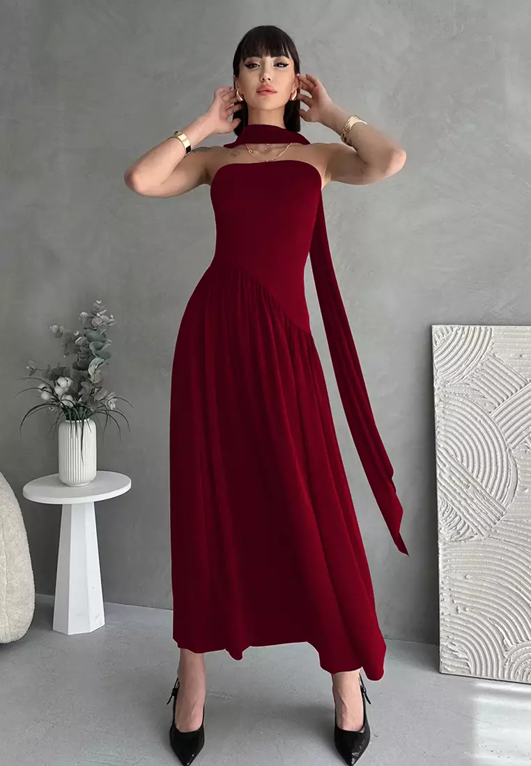 Burgundy A Line Shawl Detail Strapless Maxi Stylish Evening Dress