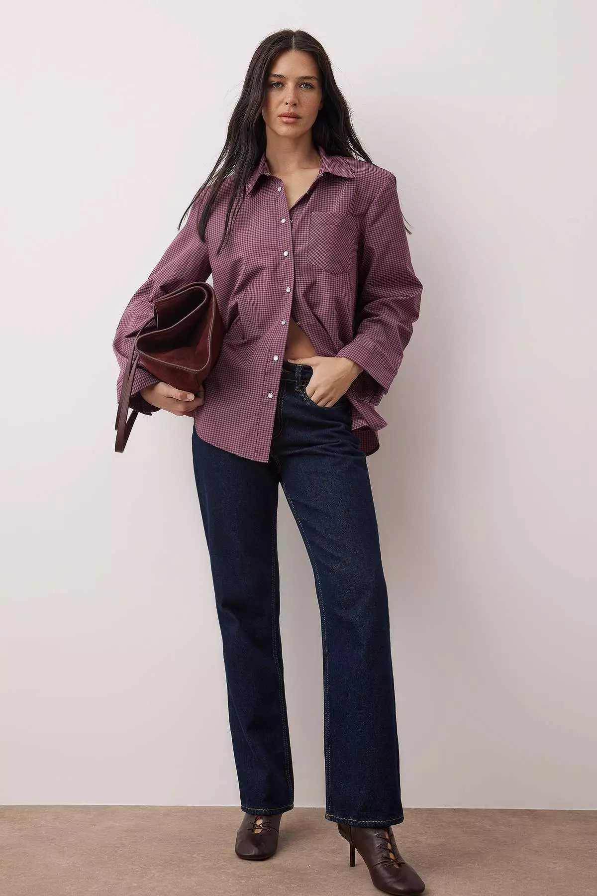 Burgundy-Multicolored Checkered Padded Wide Cuff Oversize Shirt Twoaw26Go127
