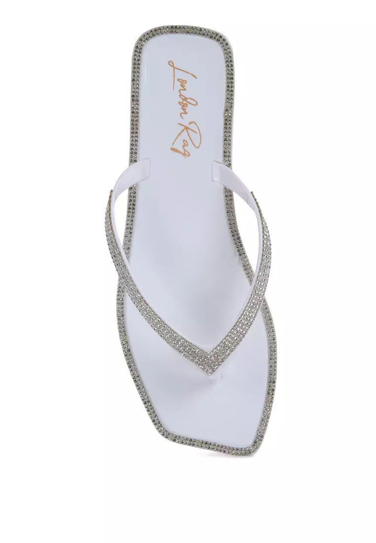 White Diamante Stud Detail Thong Flats