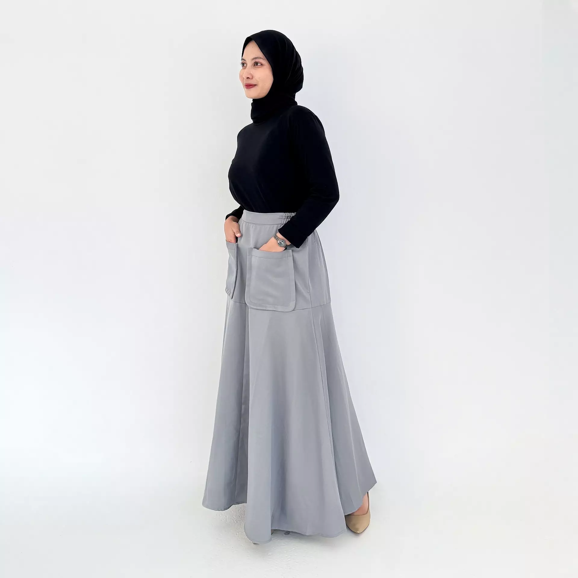 Flare Skirt Agatha (Rok Panjang Katun Wanita) Abu Muda